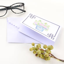 Load image into Gallery viewer, Lifestyle image of our Lime Green Flower Note Card and envelope

