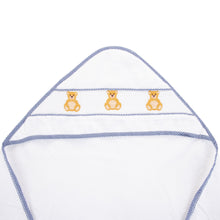 Load image into Gallery viewer, Unfolded view of our Navy Bear Smocked Hooded Towel
