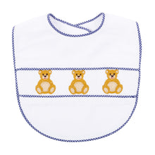 Load image into Gallery viewer, Front view of our Navy Bear Smocked Bib
