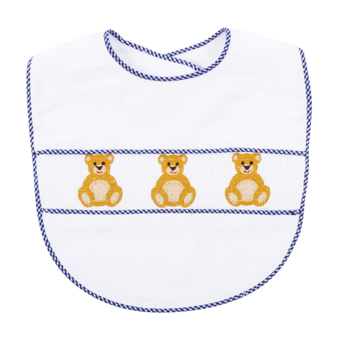 Front view of our Navy Bear Smocked Bib