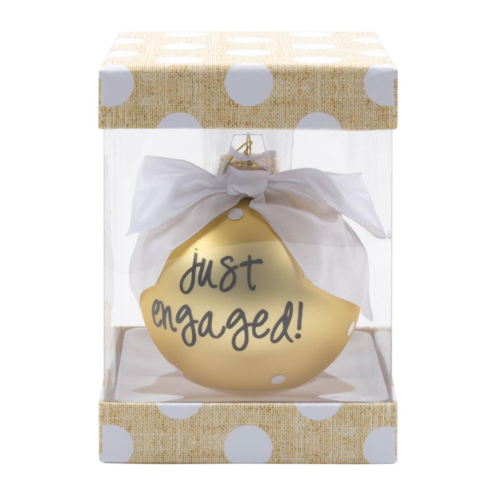 Just engaged ornament packaged in a clear box