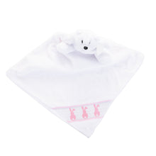 Load image into Gallery viewer, Top view of our Pink Bunny Smocked Minky
