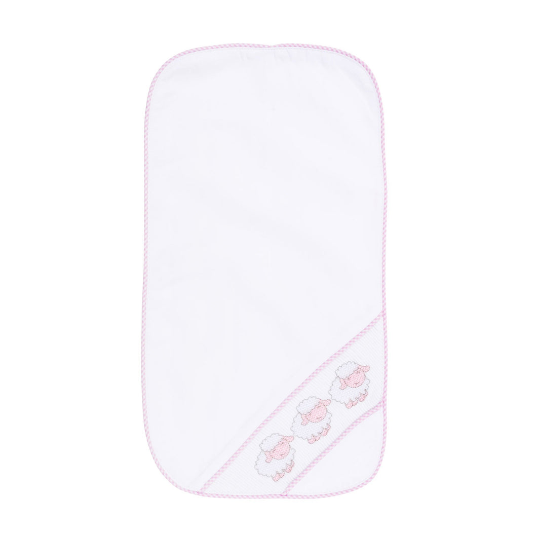 Front view of our Pink Lamb Smocked Burp Cloth