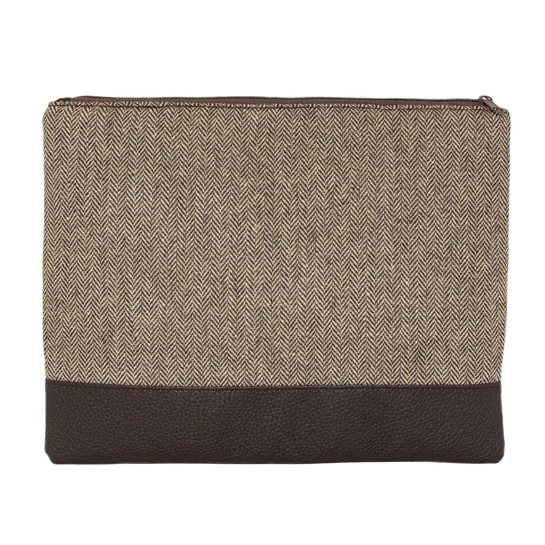 Front view of our Brown Herringbone Pouch