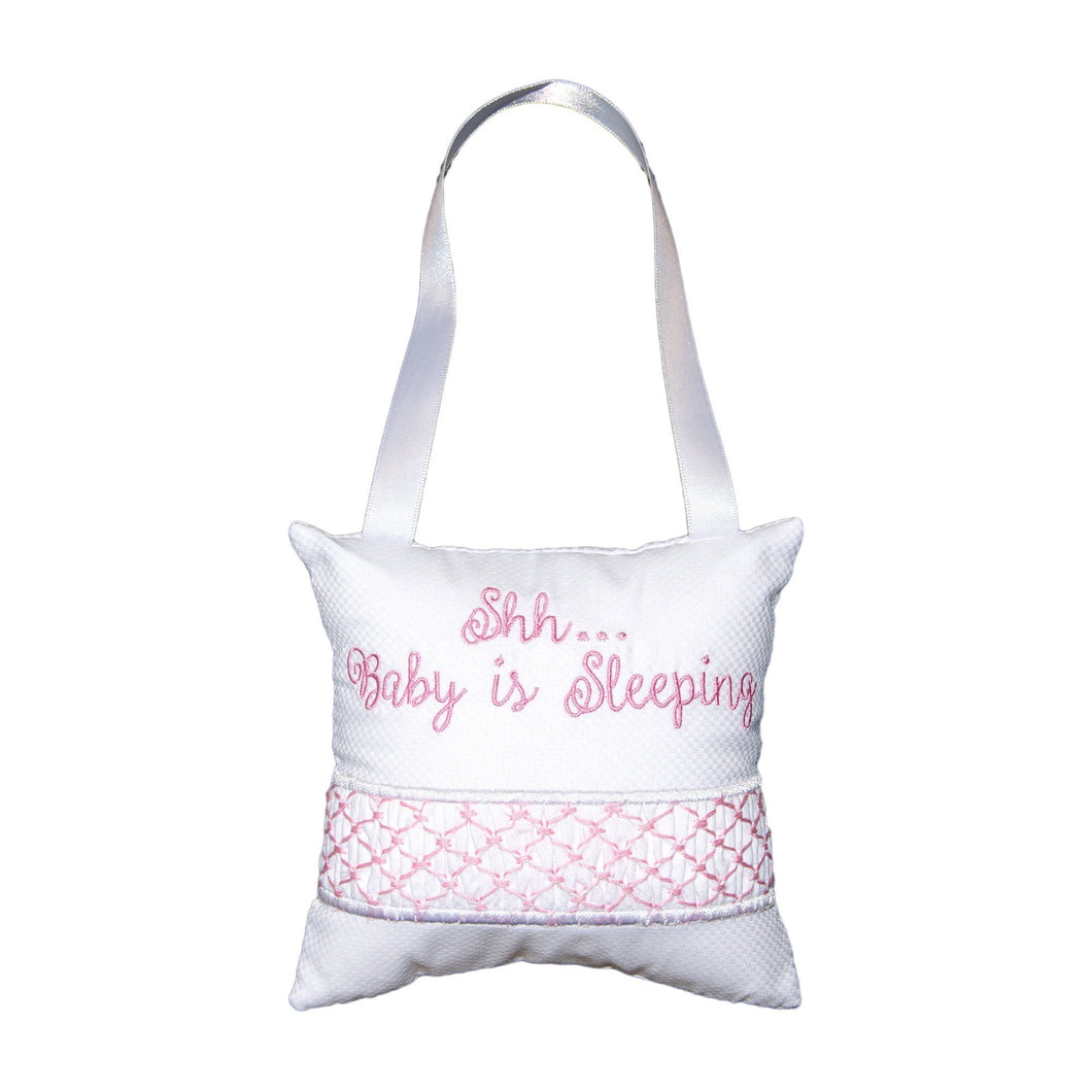 Front view of our Pink Shh Hanging Pillow