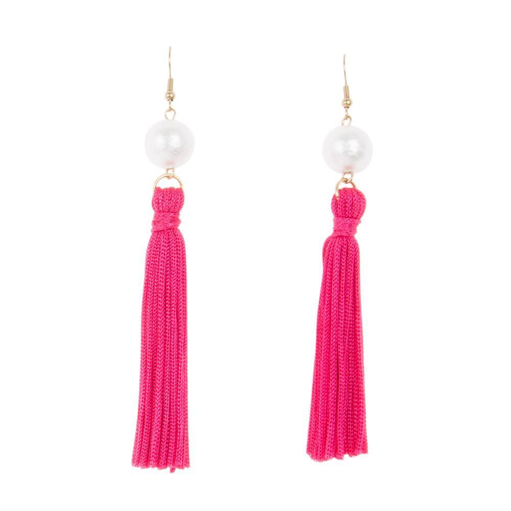 Front view of our Pink Pearl Tassel Earrings