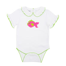 Load image into Gallery viewer, Front view of our Pink Fish Girl Bubble Onesie
