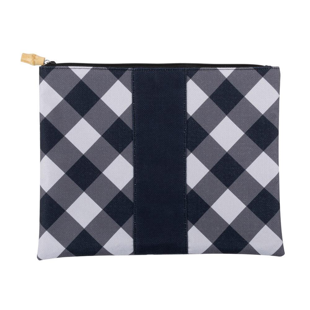 black and white check pouch with bamboo zipper pull