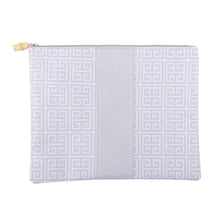 Load image into Gallery viewer, Taupe greek key pouch with bamboo zipper pull 
