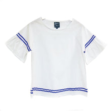 Load image into Gallery viewer, Front view of our White Blue Ric Rac Shirt
