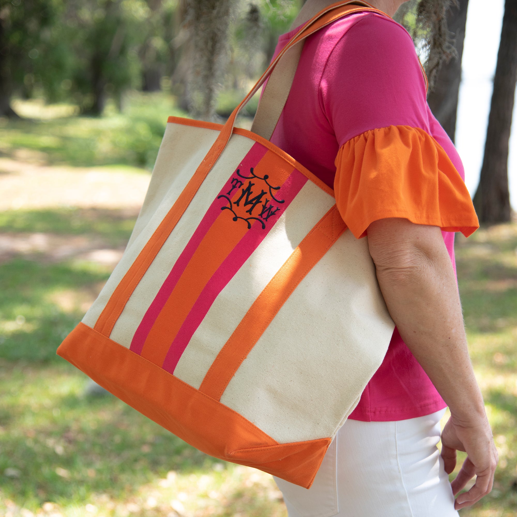 Canvas Boat Tote Bag with Monogram {Coral}