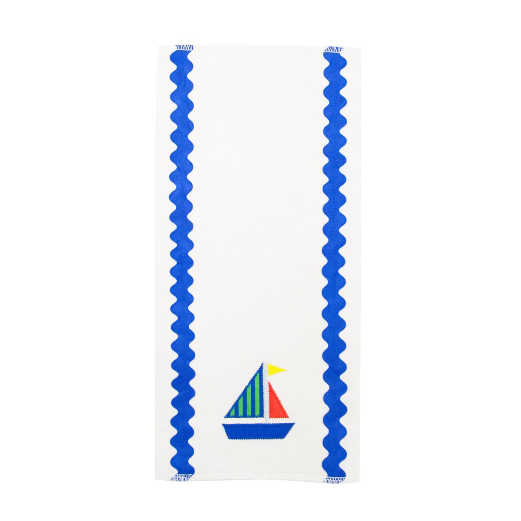 Front view of our Green Sailboat Boy Ric Rac Icon Burp Cloth