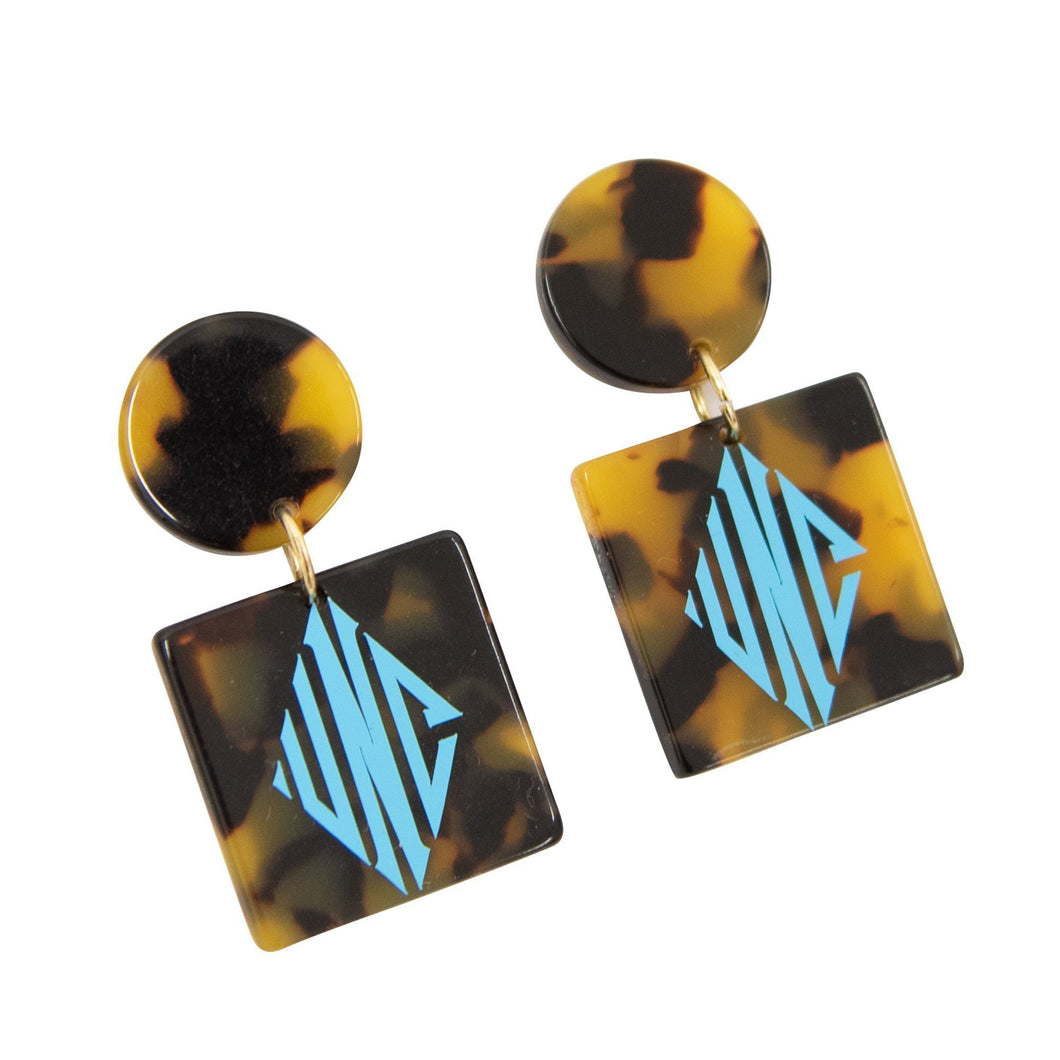 Monogrammed view of our Tortoise Circle Square Earrings