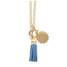 Load image into Gallery viewer, View of our Blue Tassel Necklace with Scallop Disc
