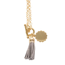 Load image into Gallery viewer, View of our Gray Tassel Necklace with Scallop Disc
