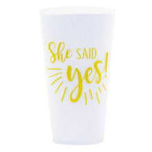 Load image into Gallery viewer, White versed tumbler, &quot;She Said Yes&quot; in Gold hand letter writing on white tumbler
