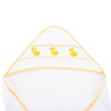 Load image into Gallery viewer, Unfolded view of our Yellow Duck Smocked Hooded Towel
