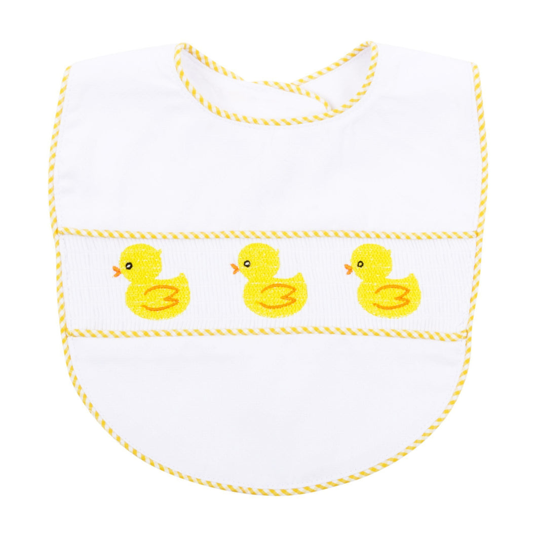 Front view of our Yellow Duck Smocked Bib