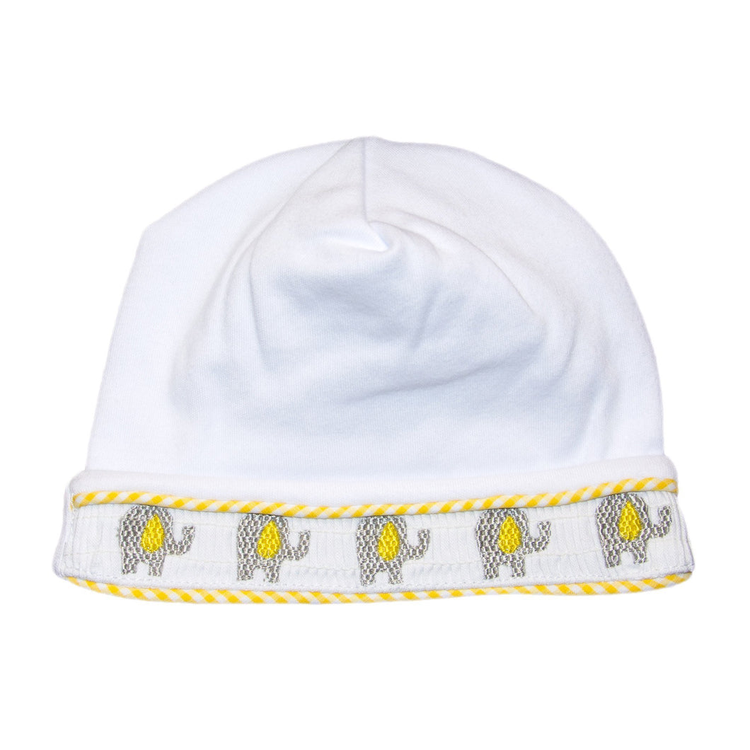 Font view of our Yellow Elephant Smocked Beanie