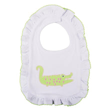 Load image into Gallery viewer, Baby bib with ruffle trim featuring an alligator applique on the center
