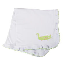 Load image into Gallery viewer, Baby blanket with ruffle trim featuring an alligator applique
