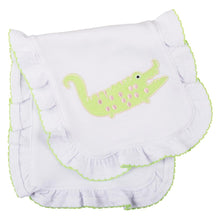 Load image into Gallery viewer, Folded burp cloth with ruffle trim featuring an alligator applique

