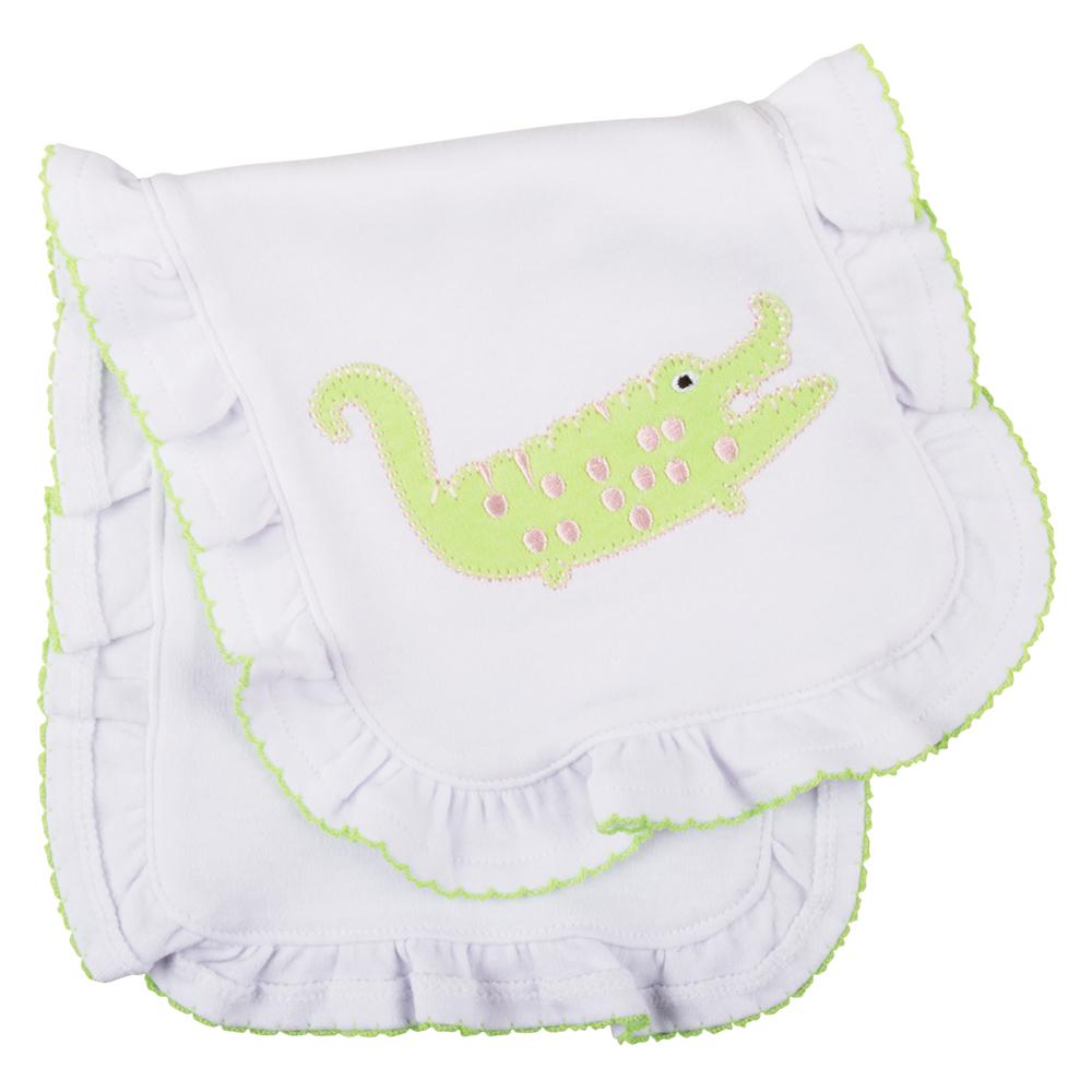 Folded burp cloth with ruffle trim featuring an alligator applique