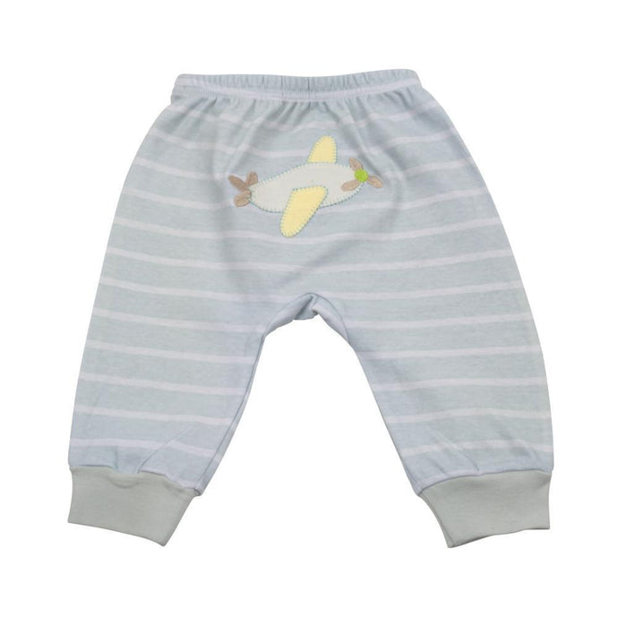 Back of the blue striped baby pants with an airplane applique
