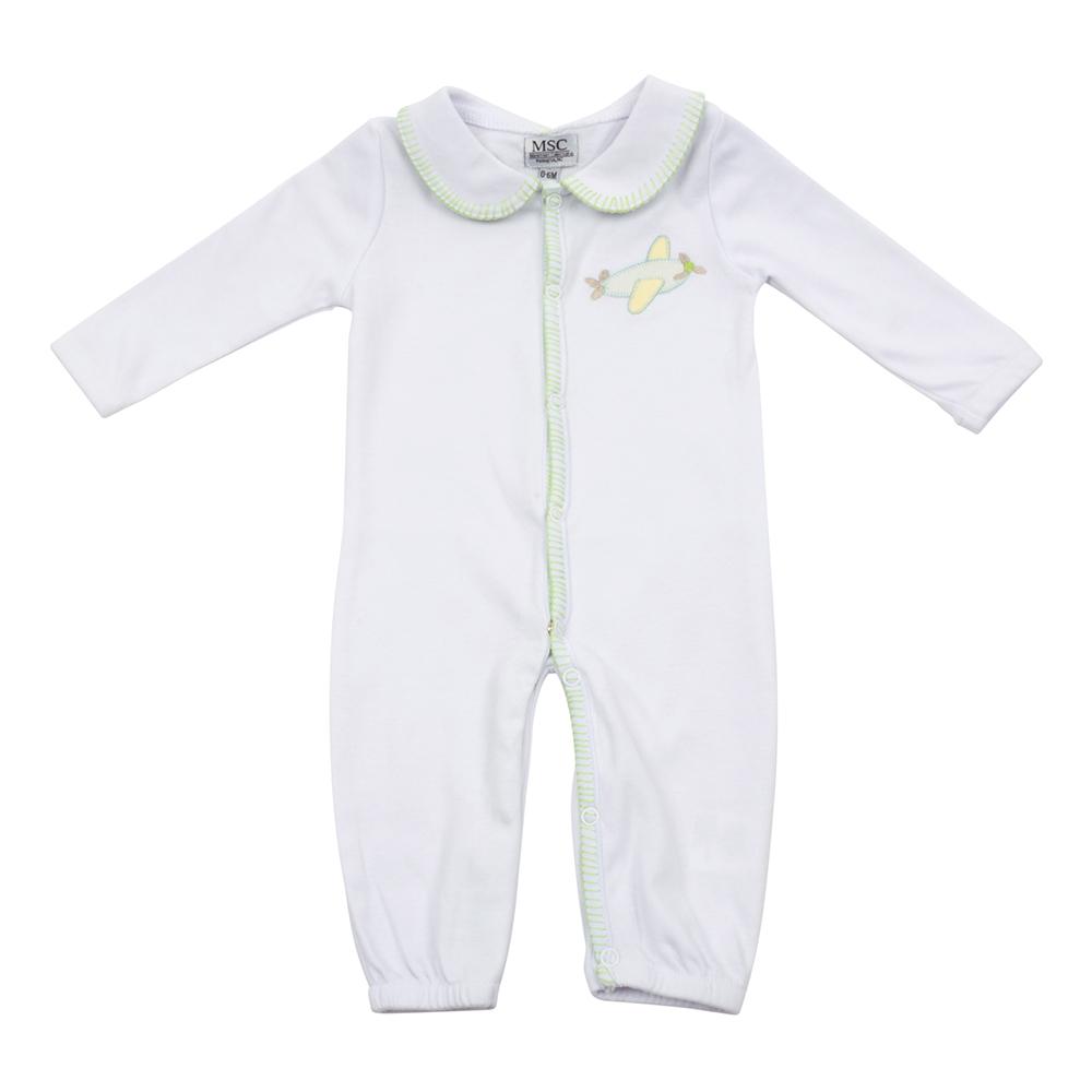 Baby onesie with airplane applique on the left-hand side pocket area