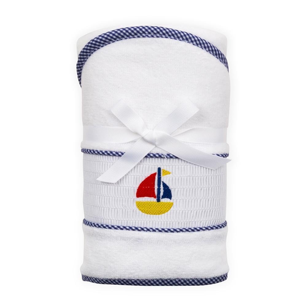 Navy Boat Smocked Hooded Towel