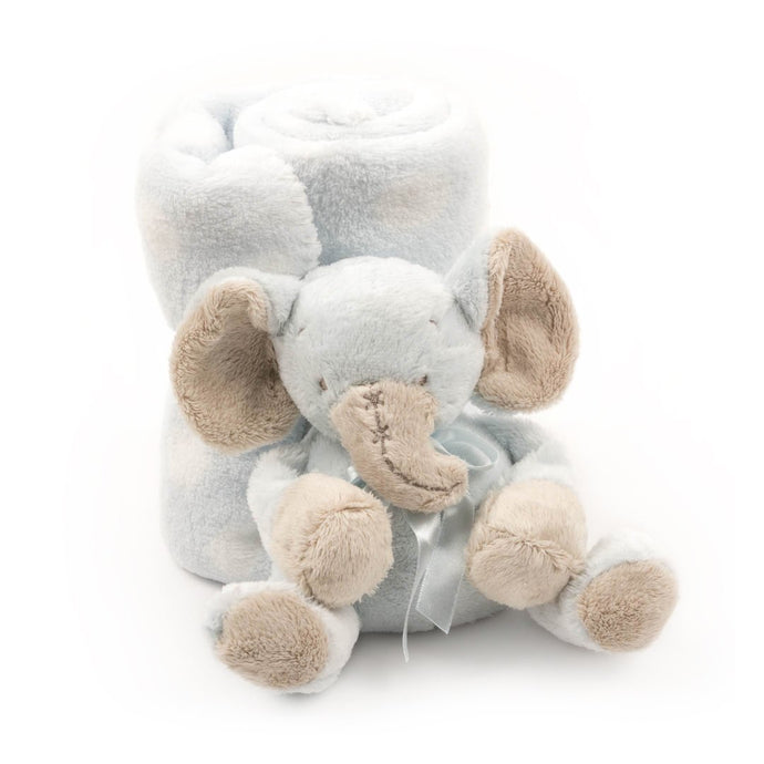 Wrapped plush blanket and plush elephant tied with a bow