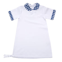 Load image into Gallery viewer, White baby gown with collar and sleeve details in blue gingham
