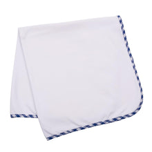 Load image into Gallery viewer, White baby blanket with blue gingham trim
