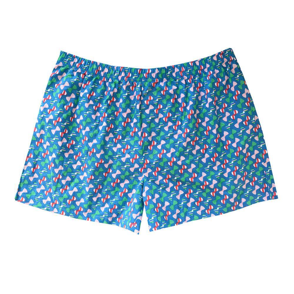 Blue boxer with bow tie pattern