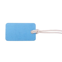 Load image into Gallery viewer, back side of light blue luggage tag 
