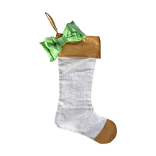 Load image into Gallery viewer, Front view of our Metallic Bow Gold Cuff Linen Stocking

