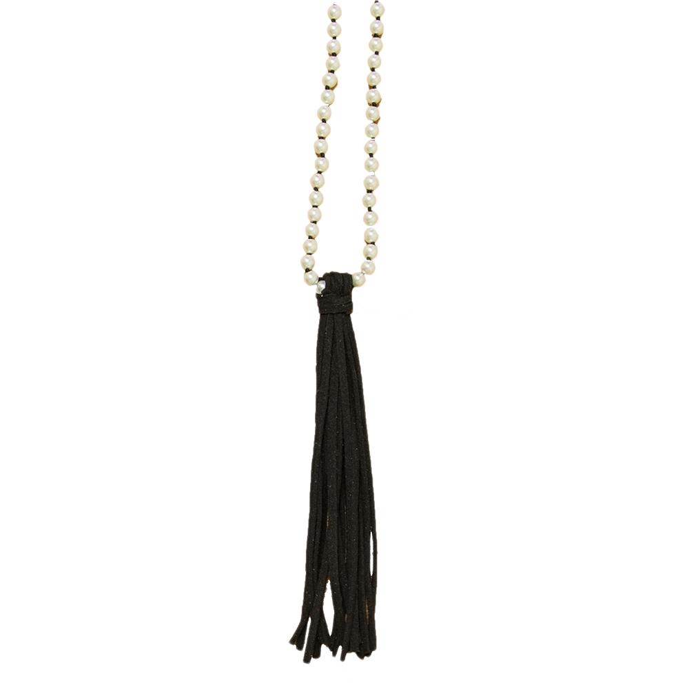 Pearl necklace with black leather tassel