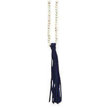 Load image into Gallery viewer, Pearl necklace with navy leather tassel
