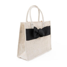 Load image into Gallery viewer, Side view of Linen Black Bow Tote
