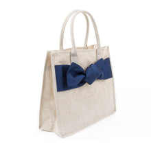 Load image into Gallery viewer, Side view of Linen Navy Bow Tote
