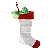 Load image into Gallery viewer, Front view of our Metallic Bow Red Cuff Linen Stocking
