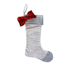 Load image into Gallery viewer, Front view of our Metallic Bow Silver Cuff Linen Stocking
