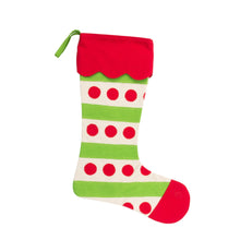 Load image into Gallery viewer, Front view of our Holiday Dotted Stripe Pattern Stocking
